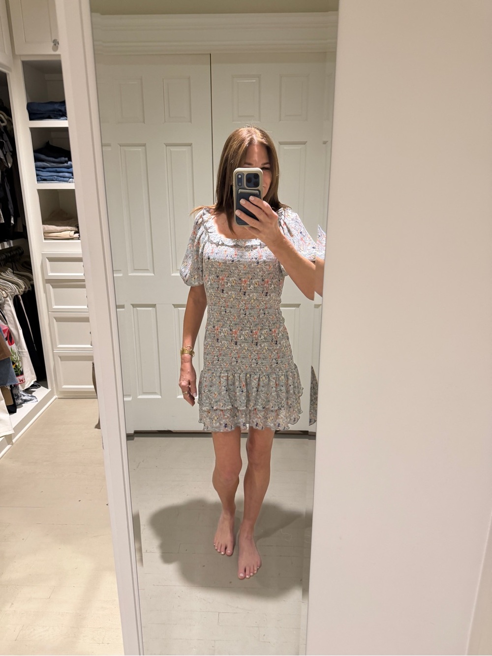 Floral Smocked Mini Dress with Ruffle Hem — Light Blue